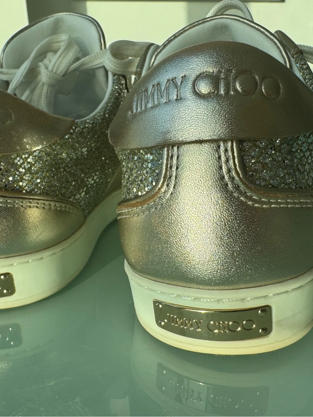 Jimmy Choo Metallic Gold and White Low-Top Sneakers